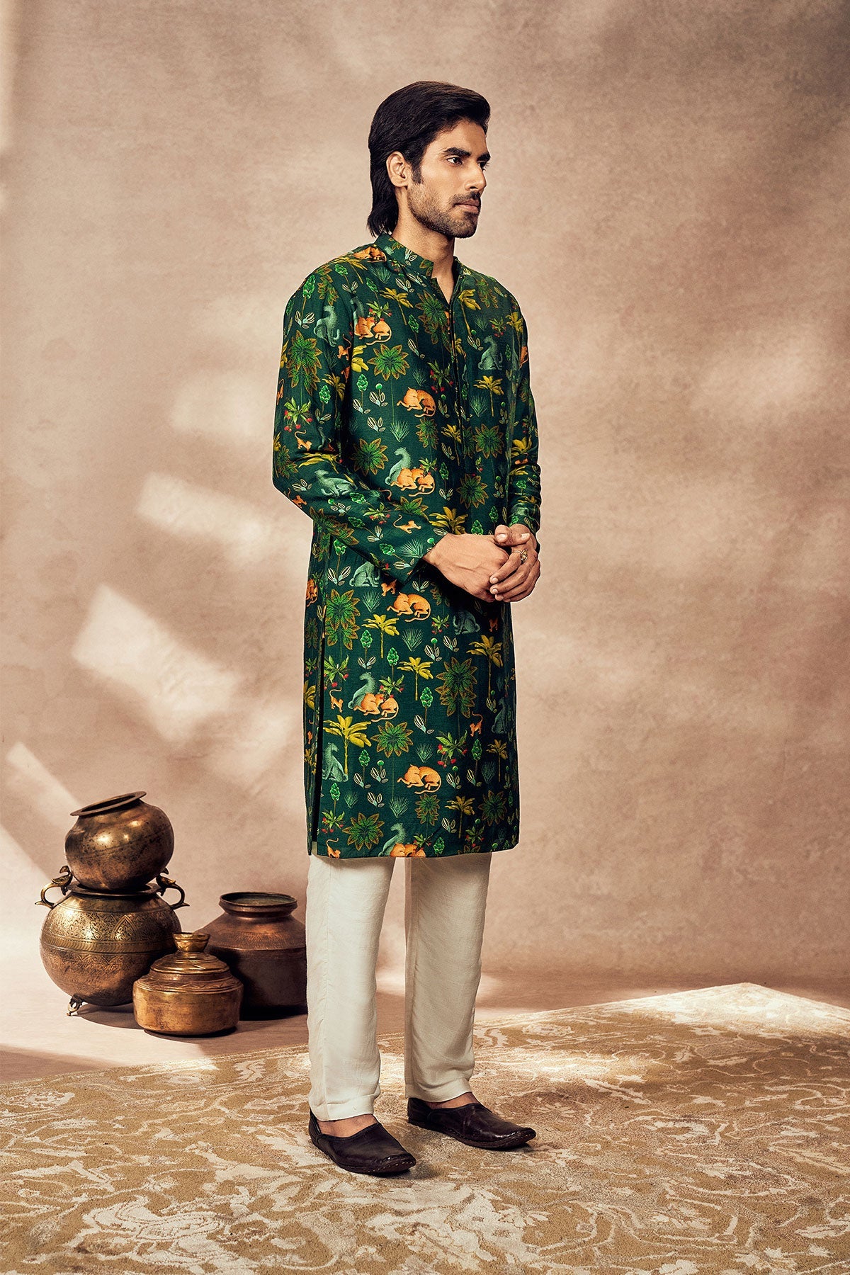 Green Tropical Rhapsody Kurta With Ivory Pants