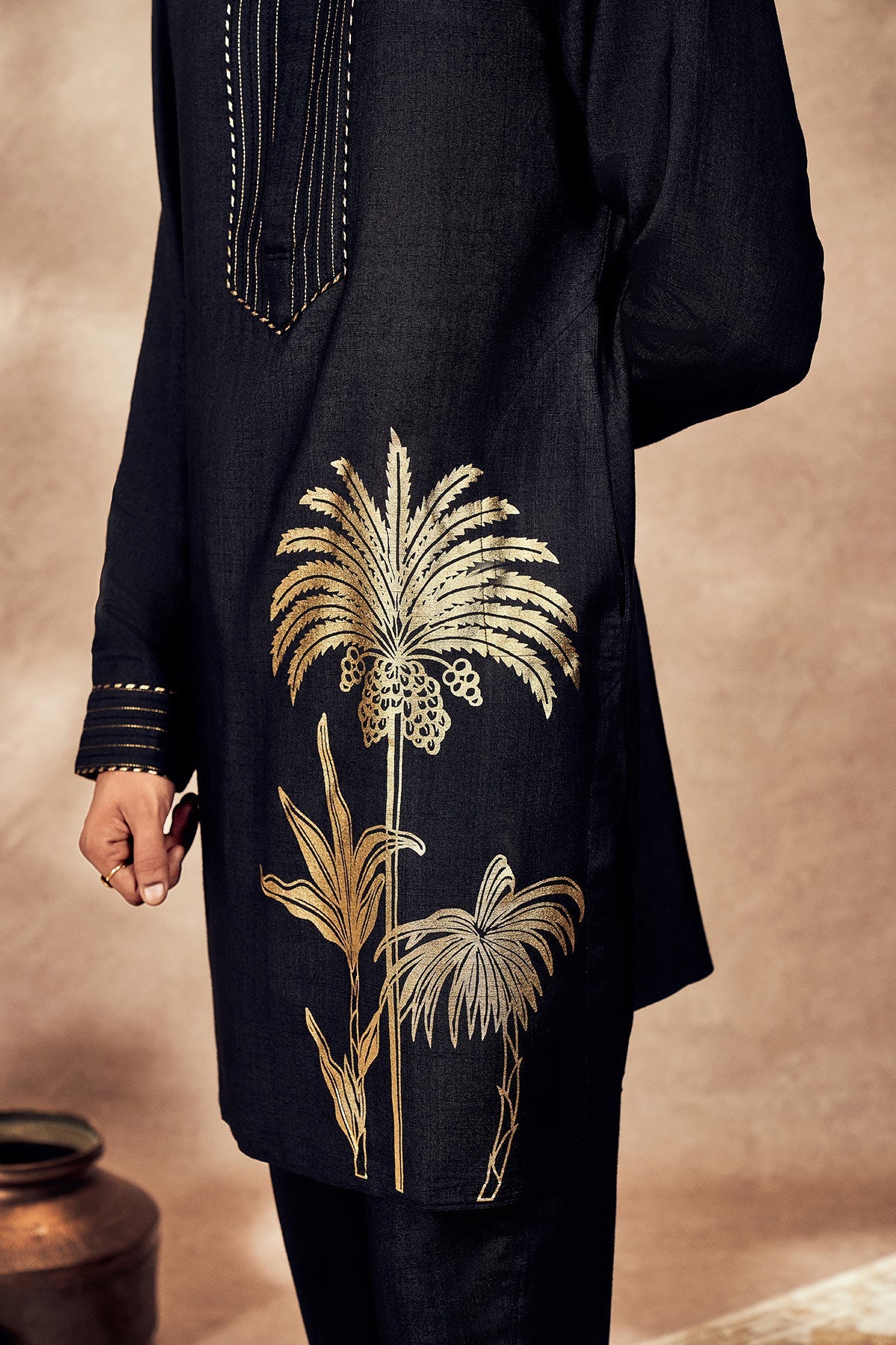 Black Palm Blooms Kurta With Pants