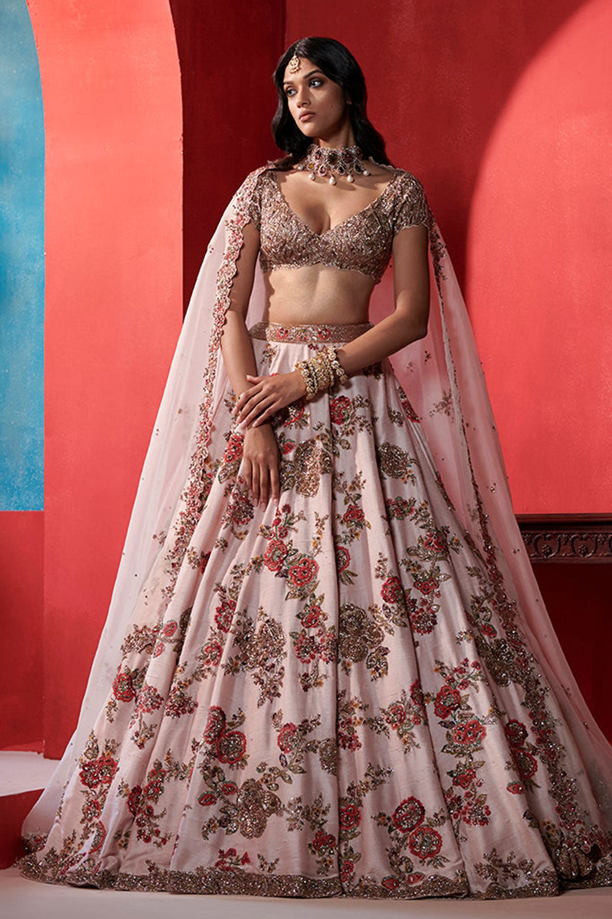 "Leia" Seashell Pink big Floral Jaal Bridal Lehenga Set