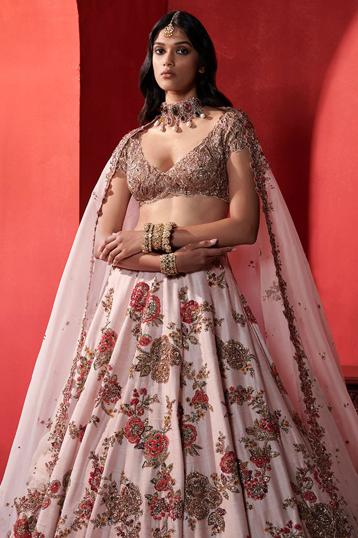 "Leia" Seashell Pink big Floral Jaal Bridal Lehenga Set