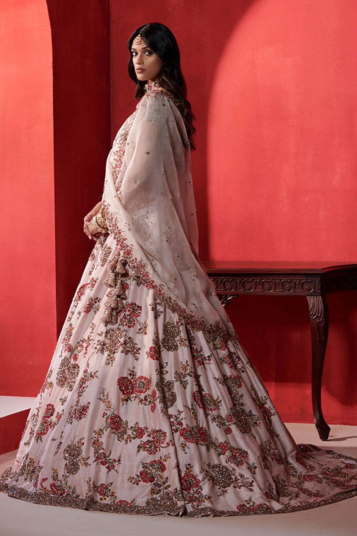 "Leia" Seashell Pink big Floral Jaal Bridal Lehenga Set