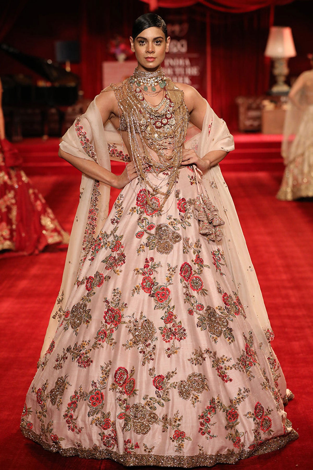 "Leia" Seashell Pink big Floral Jaal Bridal Lehenga Set