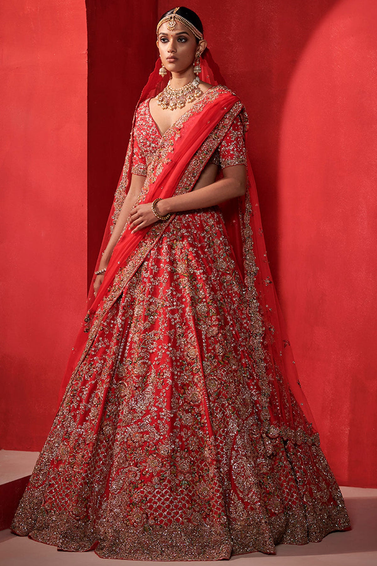 "Raya"Crimson Red Floral Tendril Bridal Lehenga Set