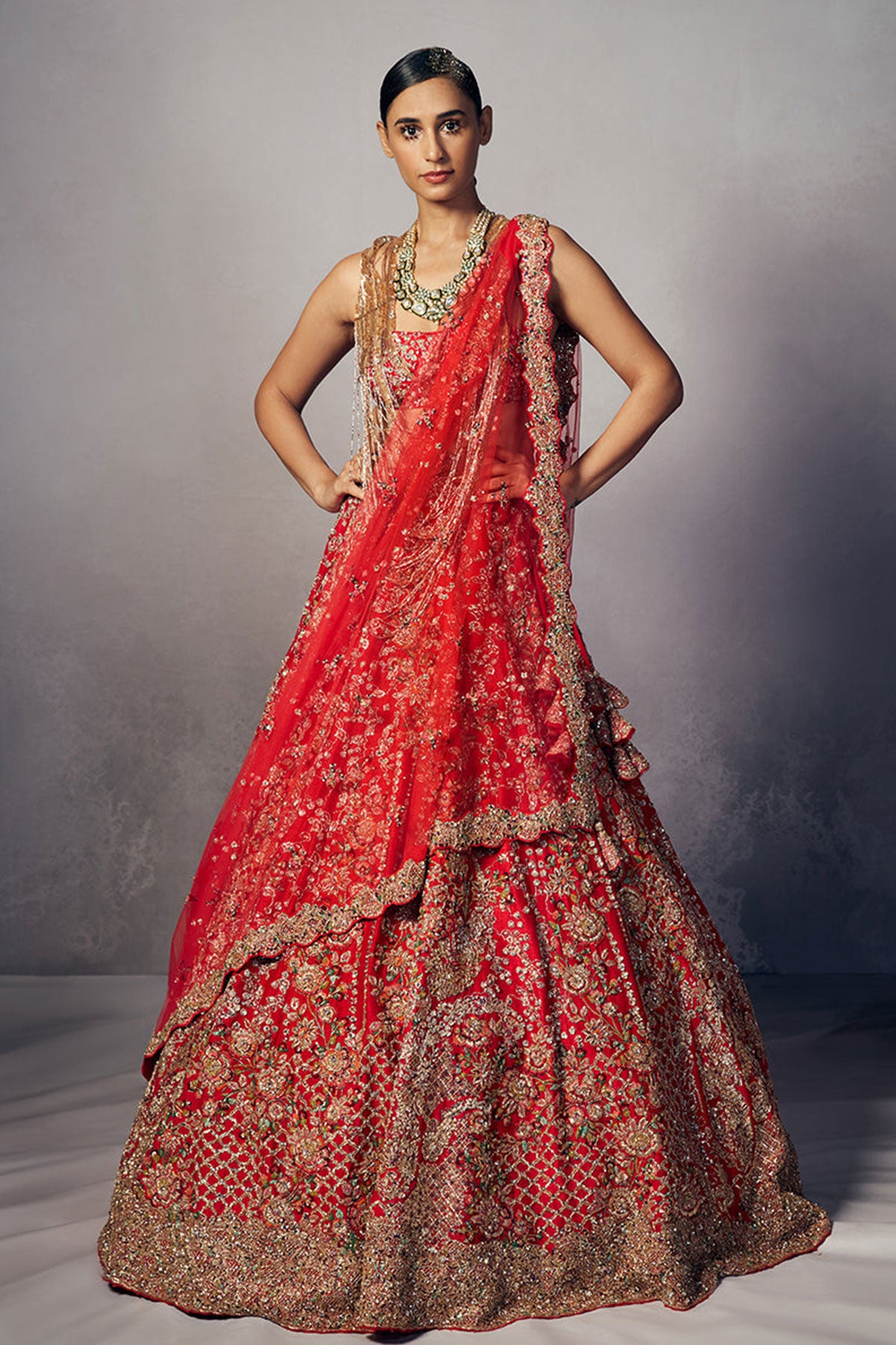 "Raya"Crimson Red Floral Tendril Bridal Lehenga Set
