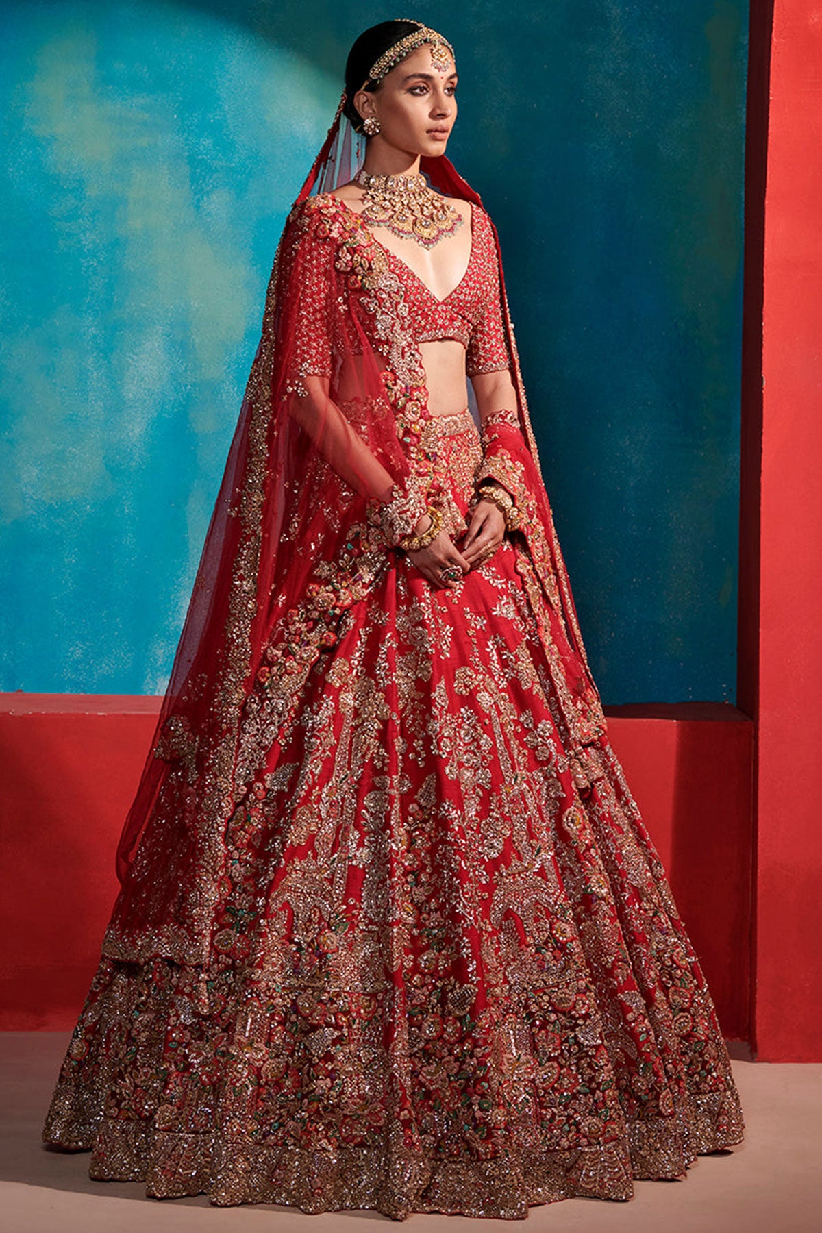 "Etta" Carmine Red Floral Garden Bridal Lehenga Set