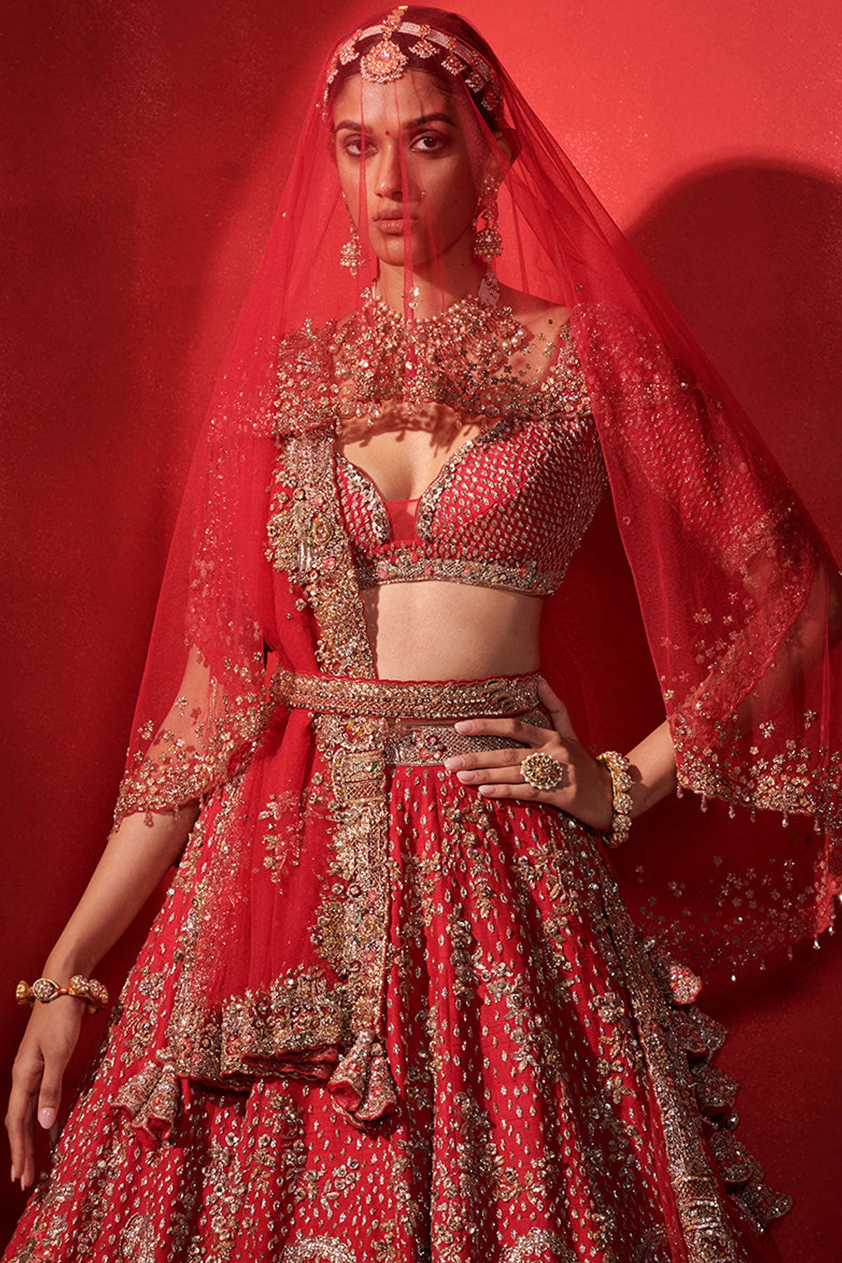 "Maya" Carmine Red Paisley Bridal Lehenga Set