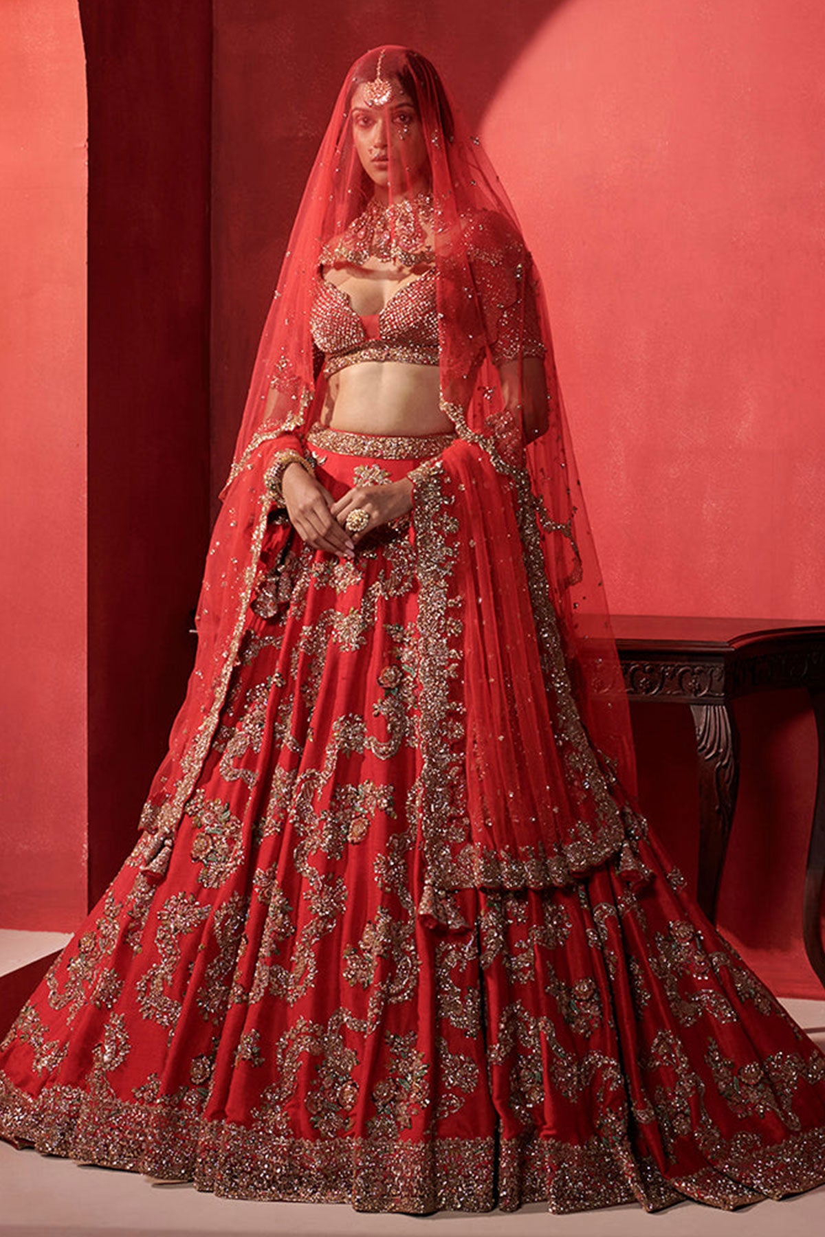 "Zoe" Crimson Red Small Floral Jaal Bridal Lehenga Set