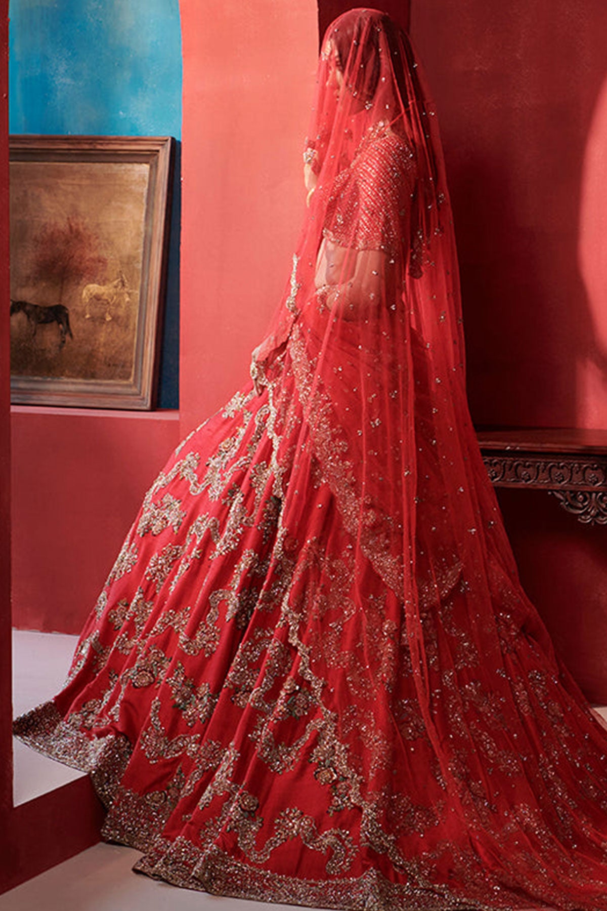 "Zoe" Crimson Red Small Floral Jaal Bridal Lehenga Set