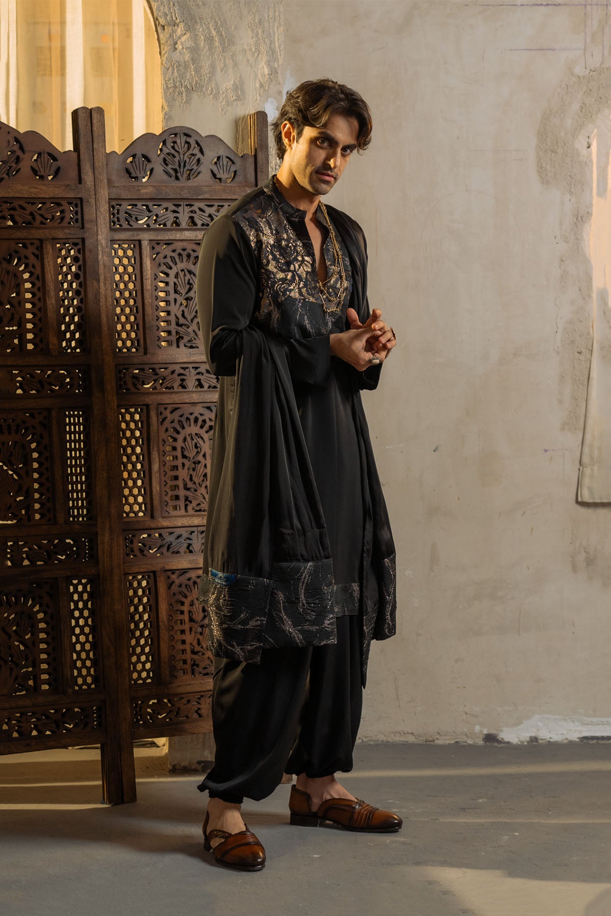Black Silk Crepe Kurta Set With Dupatta