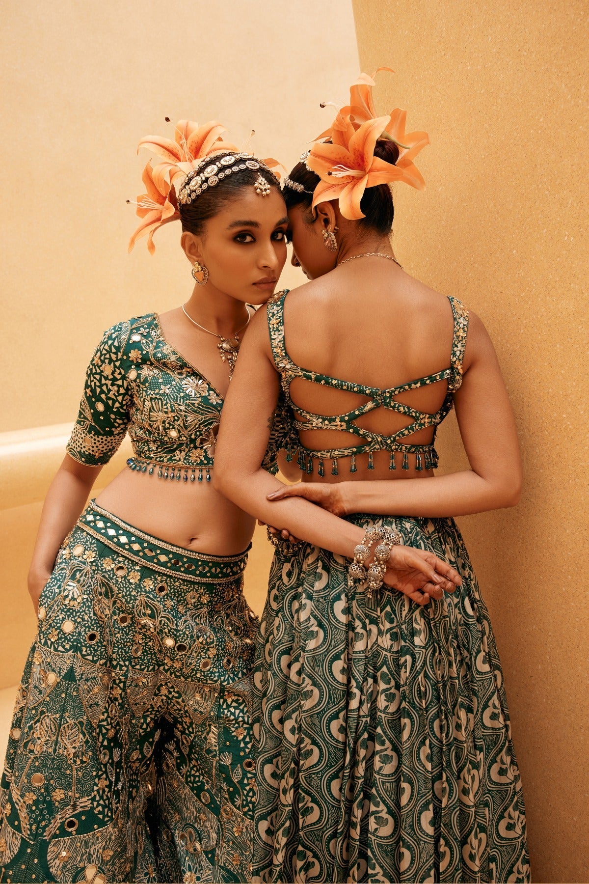 Teal Print and Highlighted Lehenga Set