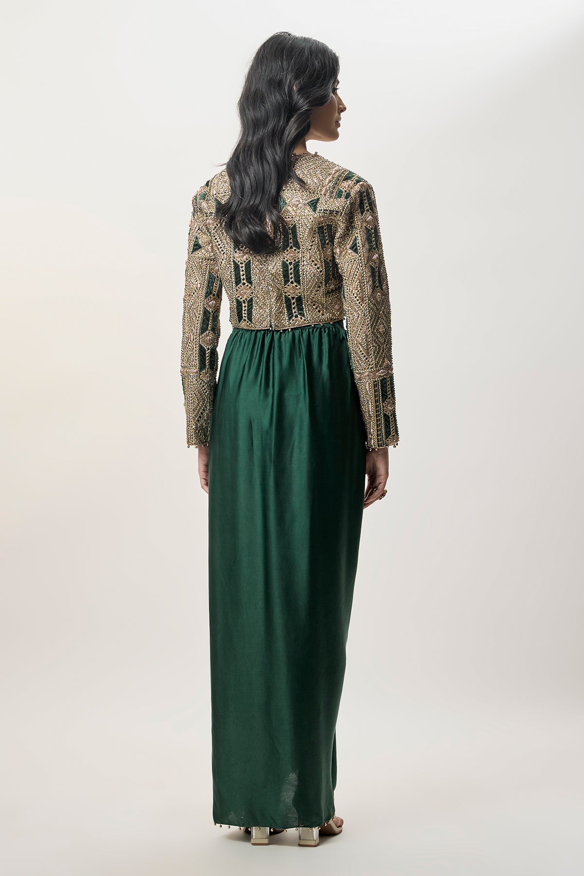 Sia Emerald Green Georgette Embroidered Choli And Satin Dhoti Skirt