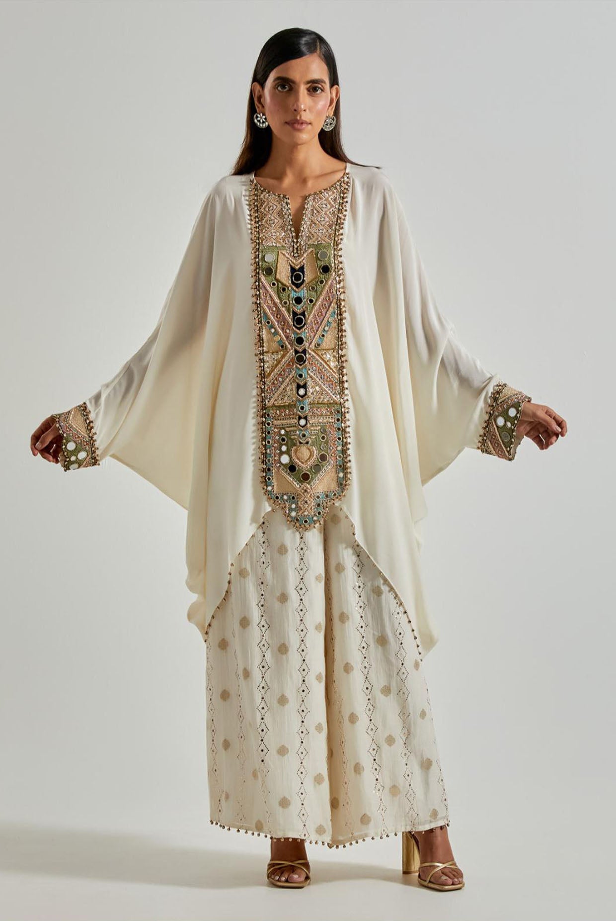 Off-White Crepe Kaftan with Banarasi Palazzo
