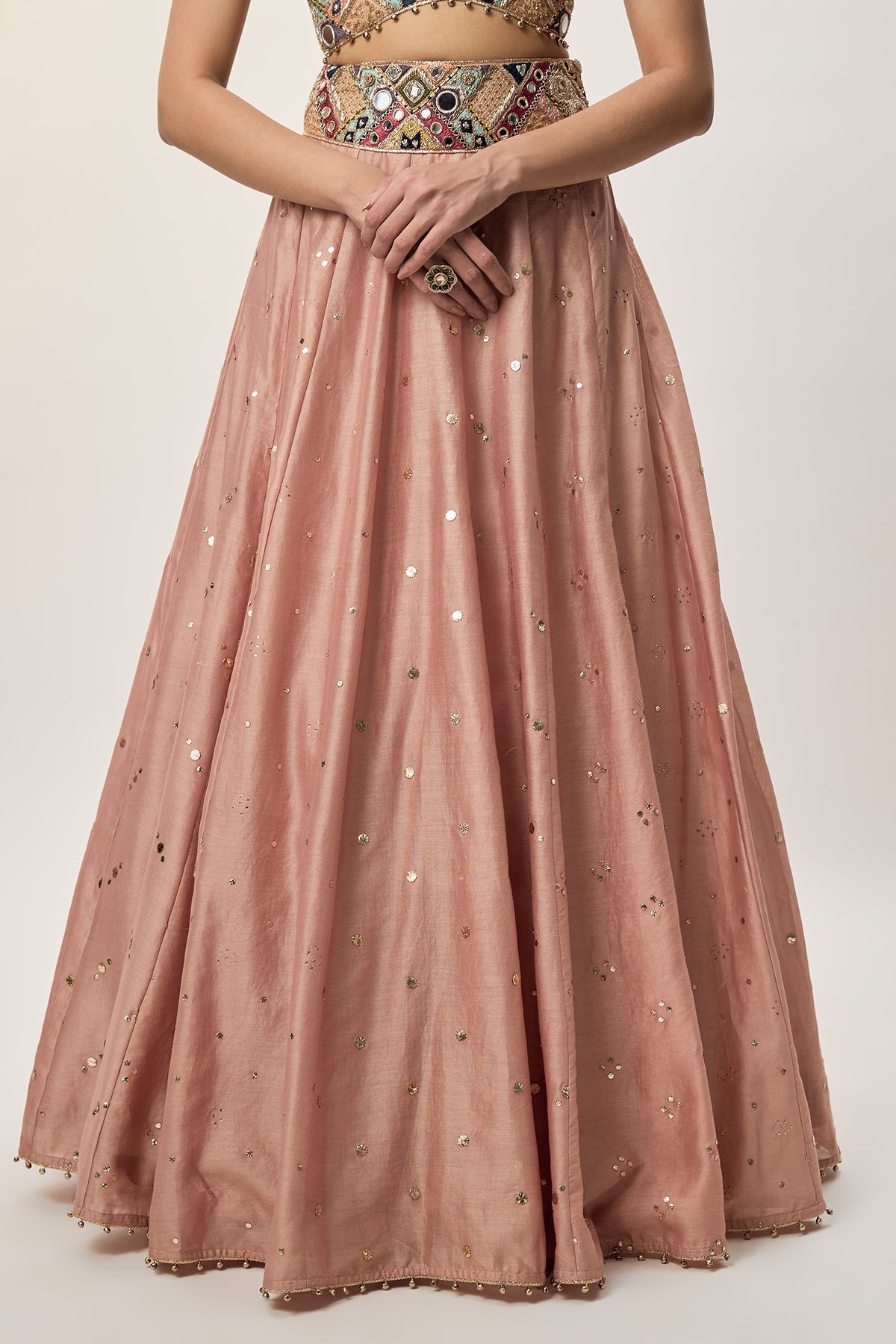 Mahnaz Peachy Pink Georgette Embroidered Choli With Lehenga And Mukaish Net Dupatta