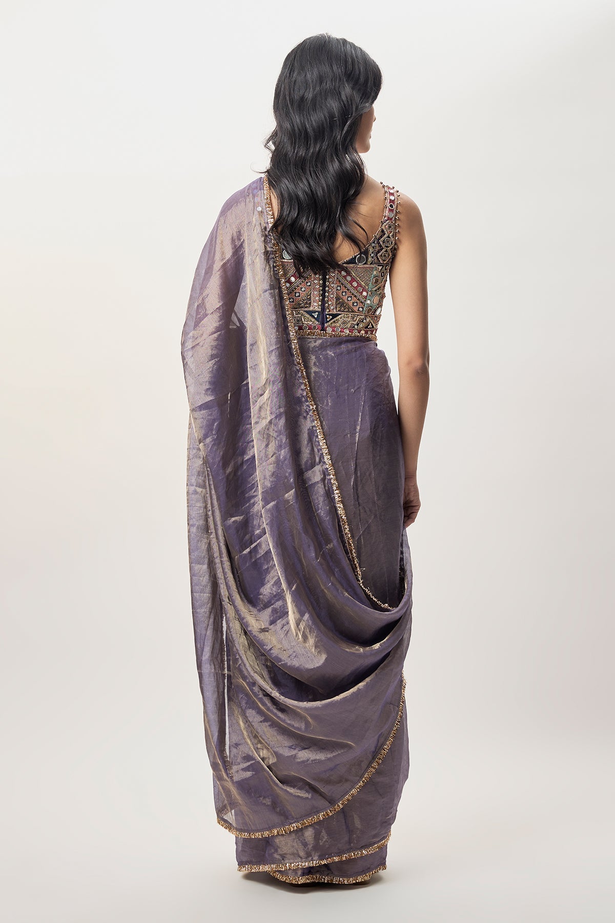 Niusha Purple Georgette Embroidered Choli And Pre-Stitched Tissue Saree
