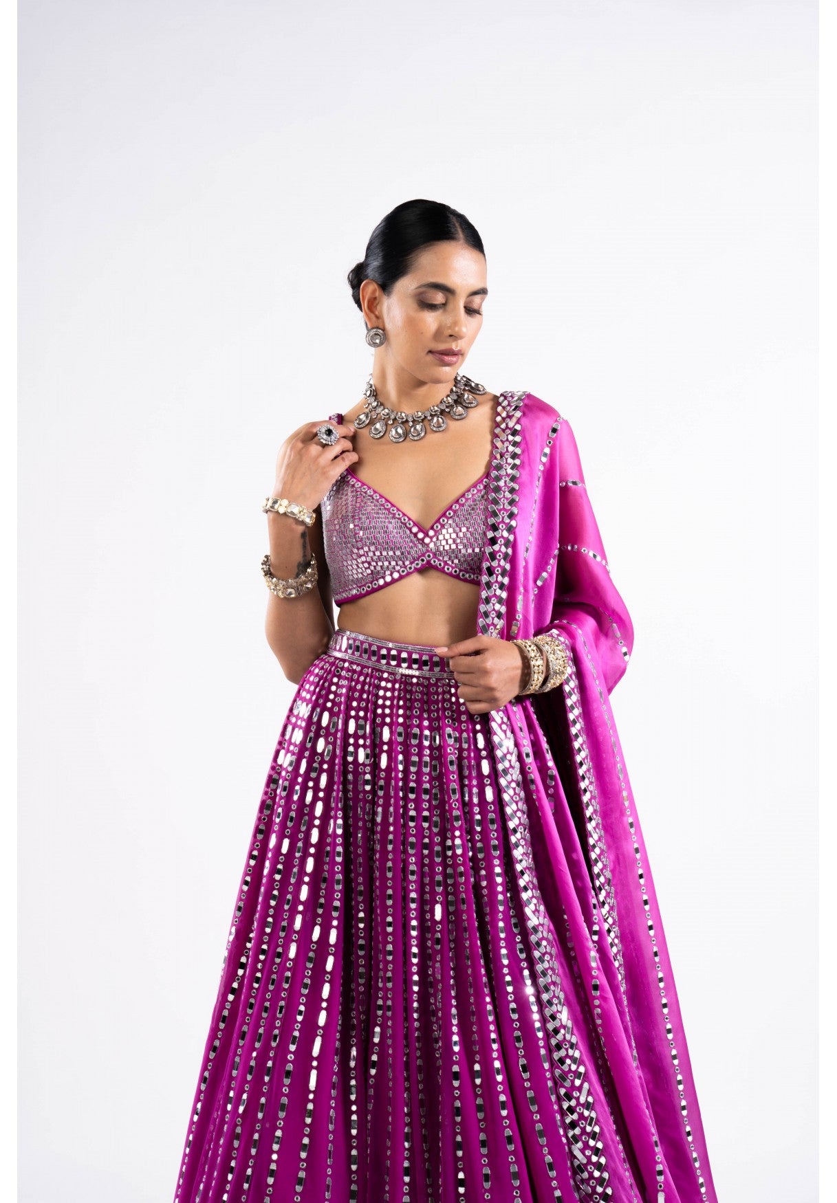 Pop Wine Linear Drop Lehenga With Metallic Blouse