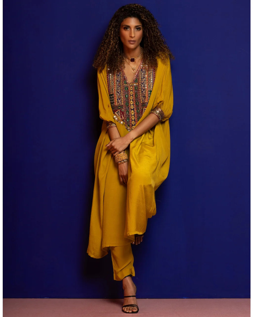 Mustard Embroidered Kaftan Kurta Set