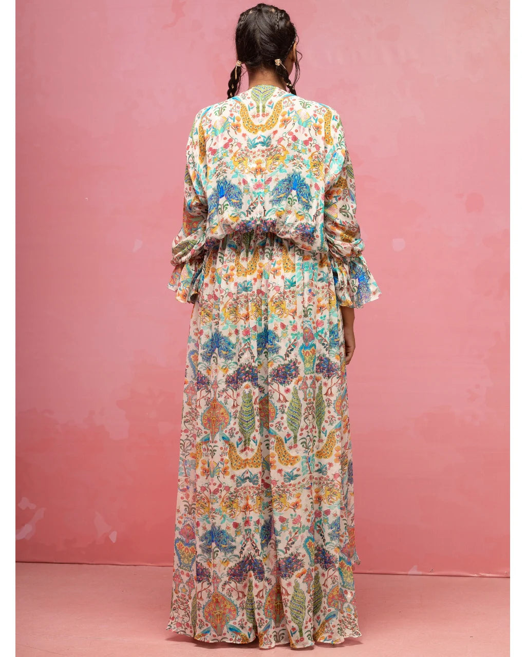 Ivory Crepe Printed Flowy Cape Set