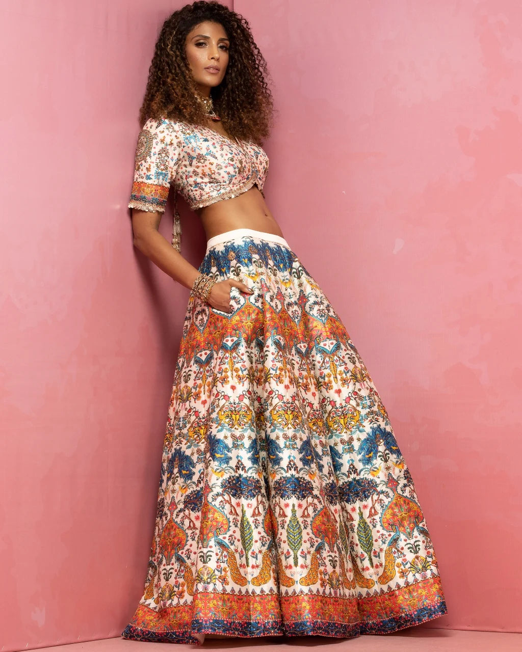 Ivory Printed Panel Lehenga Set