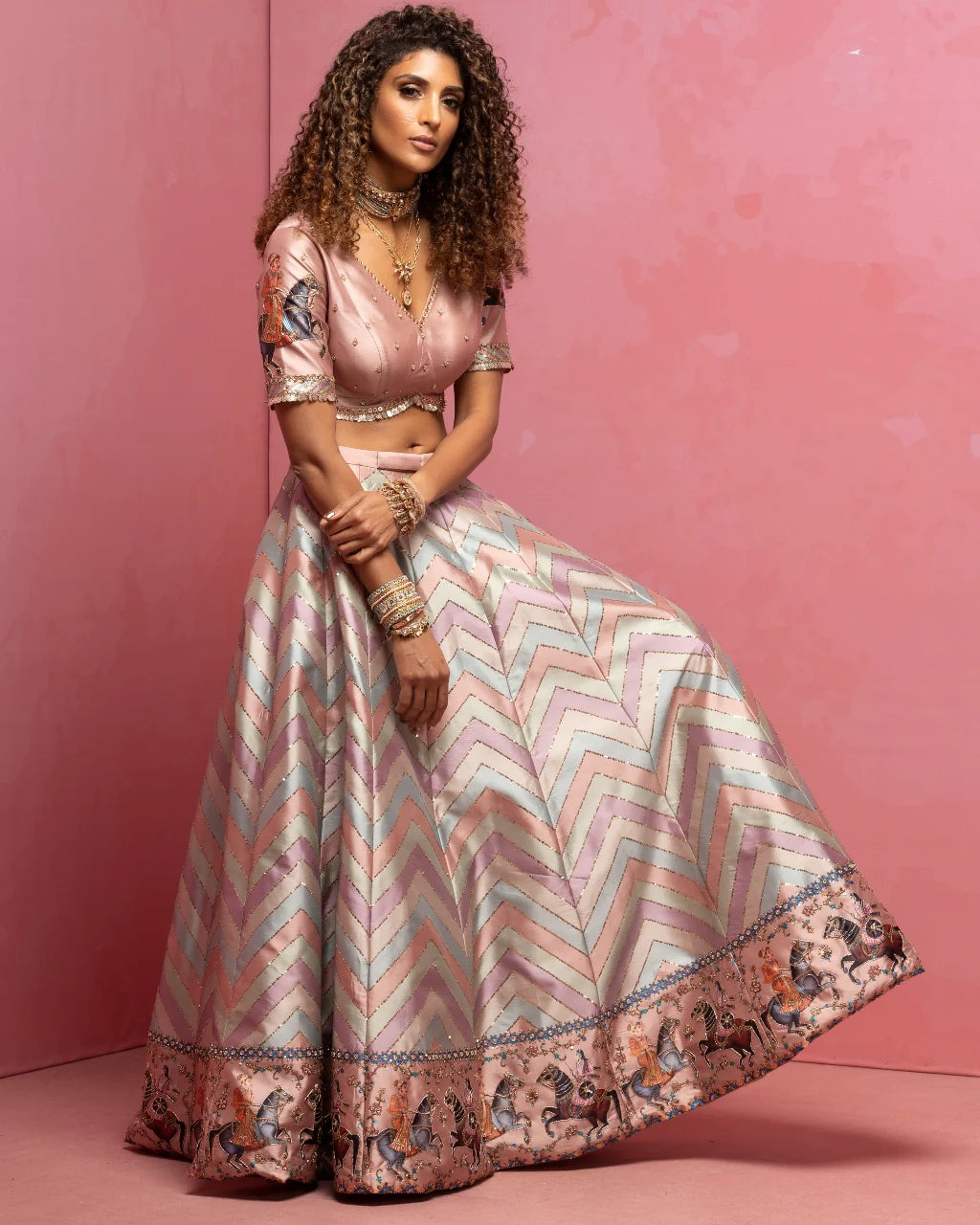 Multicolor Printed And Embroidered Lehenga Set