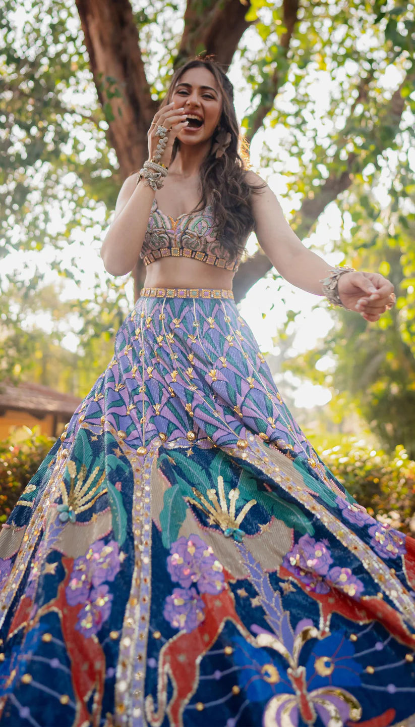 RAKUL PREET LEHENGA IN LYONS- TROPICAL BLUE PRINTED AND EMBELLISHED FULL LEHENGA