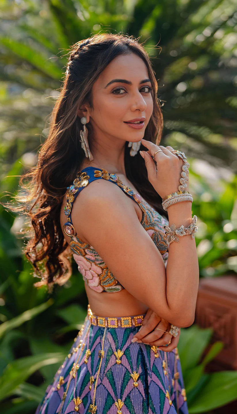 RAKUL PREET LEHENGA IN LYONS- TROPICAL BLUE PRINTED AND EMBELLISHED FULL LEHENGA