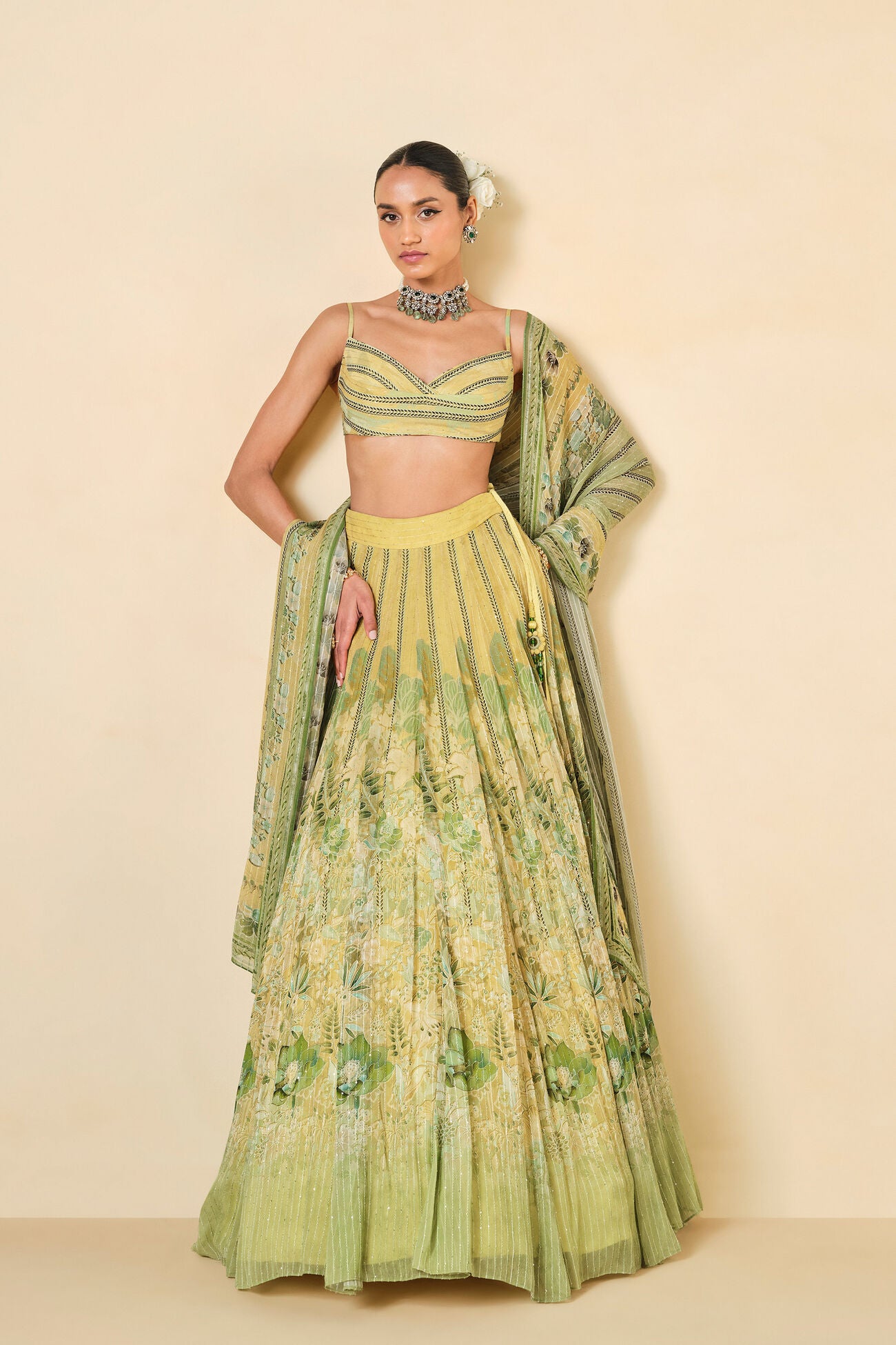 MYUNA SEQUIN GEORGETTE LEHENGA - SAGE