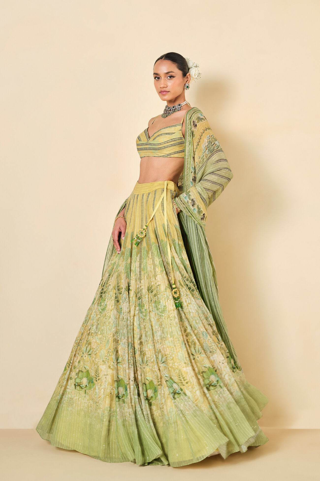 MYUNA SEQUIN GEORGETTE LEHENGA - SAGE