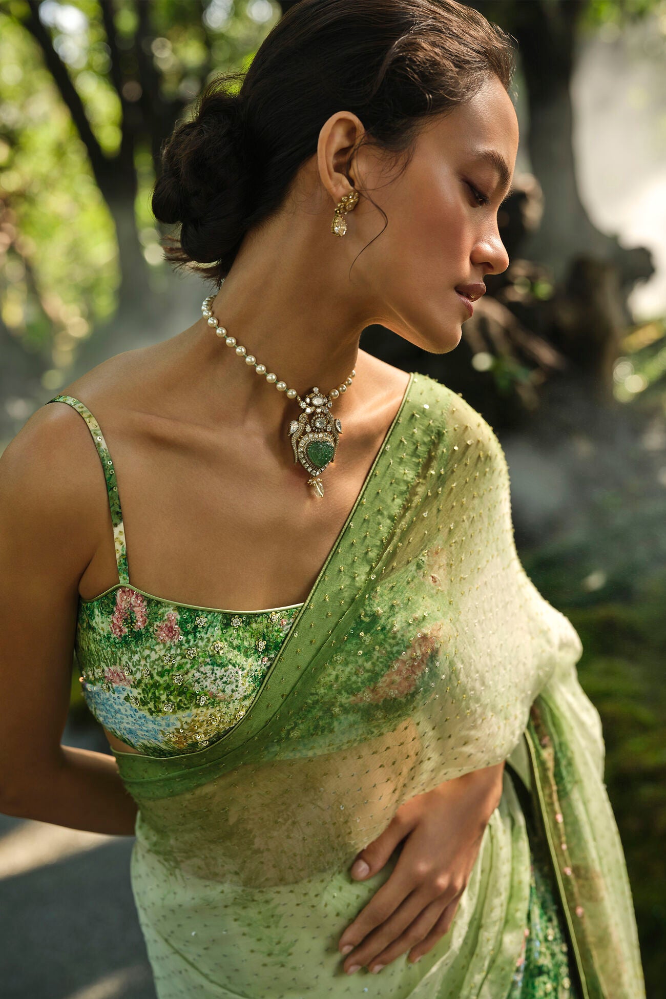 The Liveforest Embroidered Chiffon Saree - Green