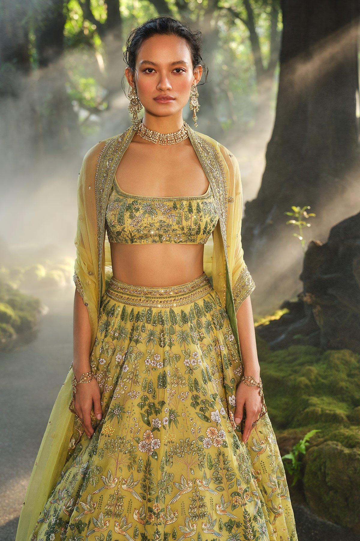 Meadowlark Hand-Painted Pichhwai Silk Lehenga Set - Yellow