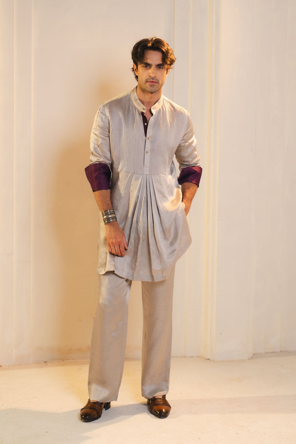Silver Pleated Short Kurta And Trousers Set