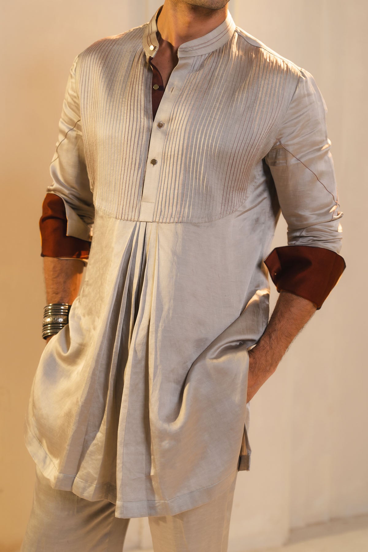 Silver Pleated Short Kurta And Trousers Set