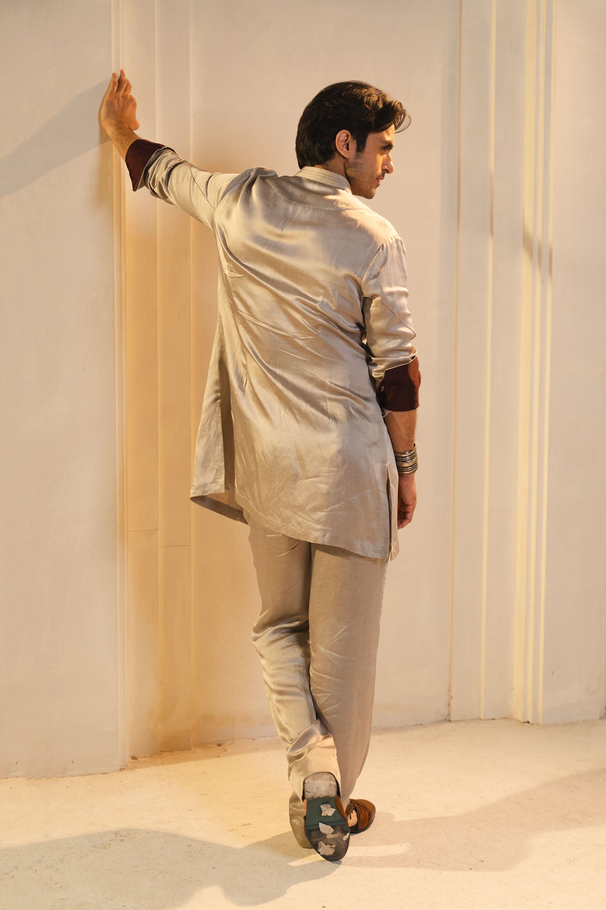 Silver Pleated Short Kurta And Trousers Set
