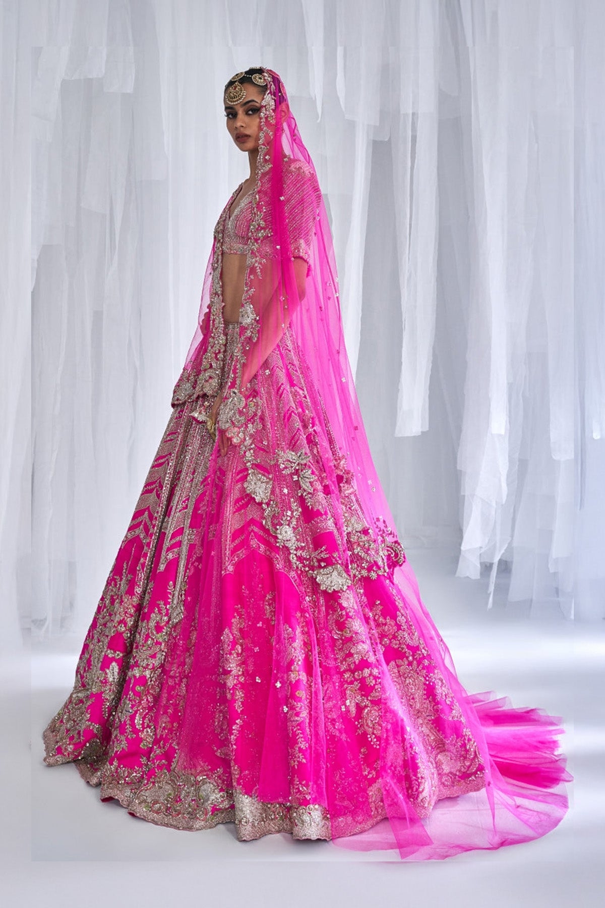 "Cynthia" Fuschia Raw Silk Bridal Lehenga Set