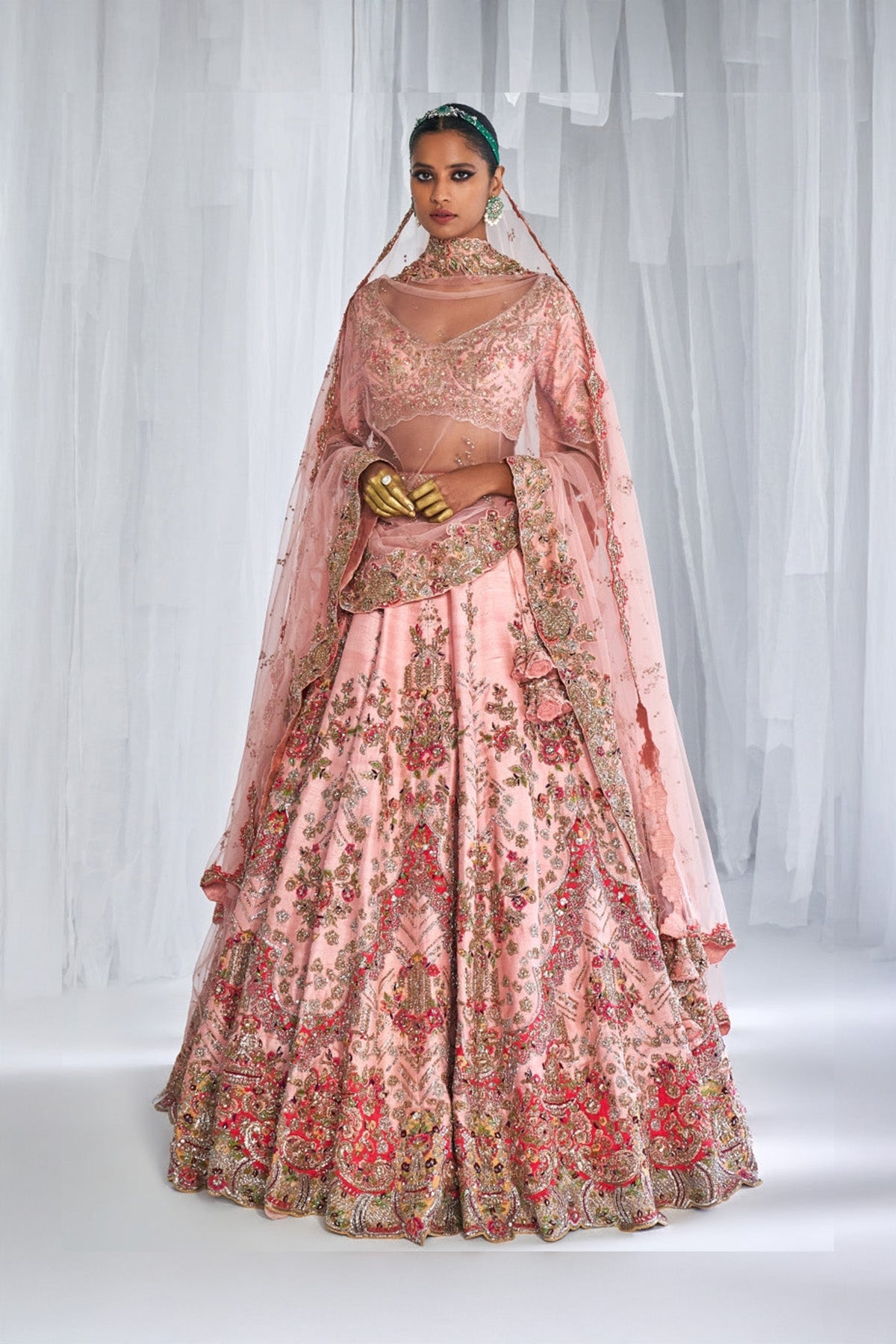 "Hazel" Peachy Pink Raw Silk Bridal Lehenga Set