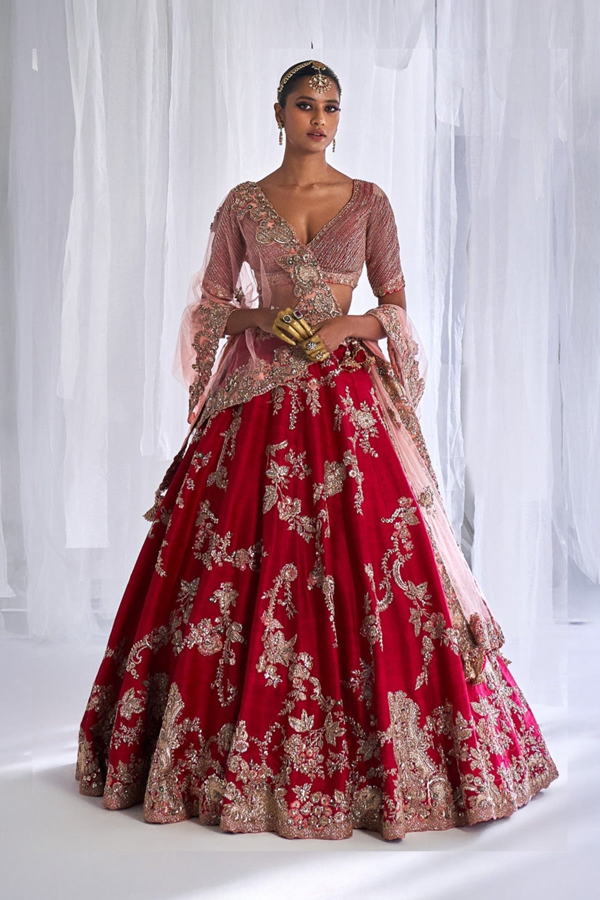 "Daisy" Maroon Raw Silk Bridal Lehenga Set