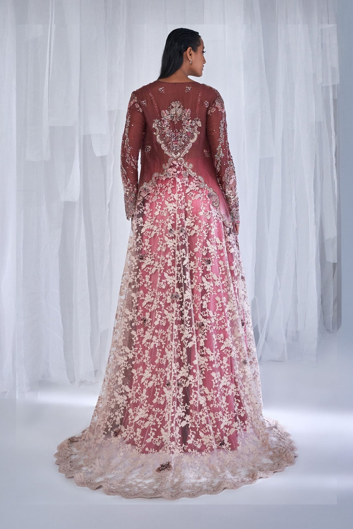 "Oeshi" Ombre Organza And Chantilly Jacket And Sharara Set