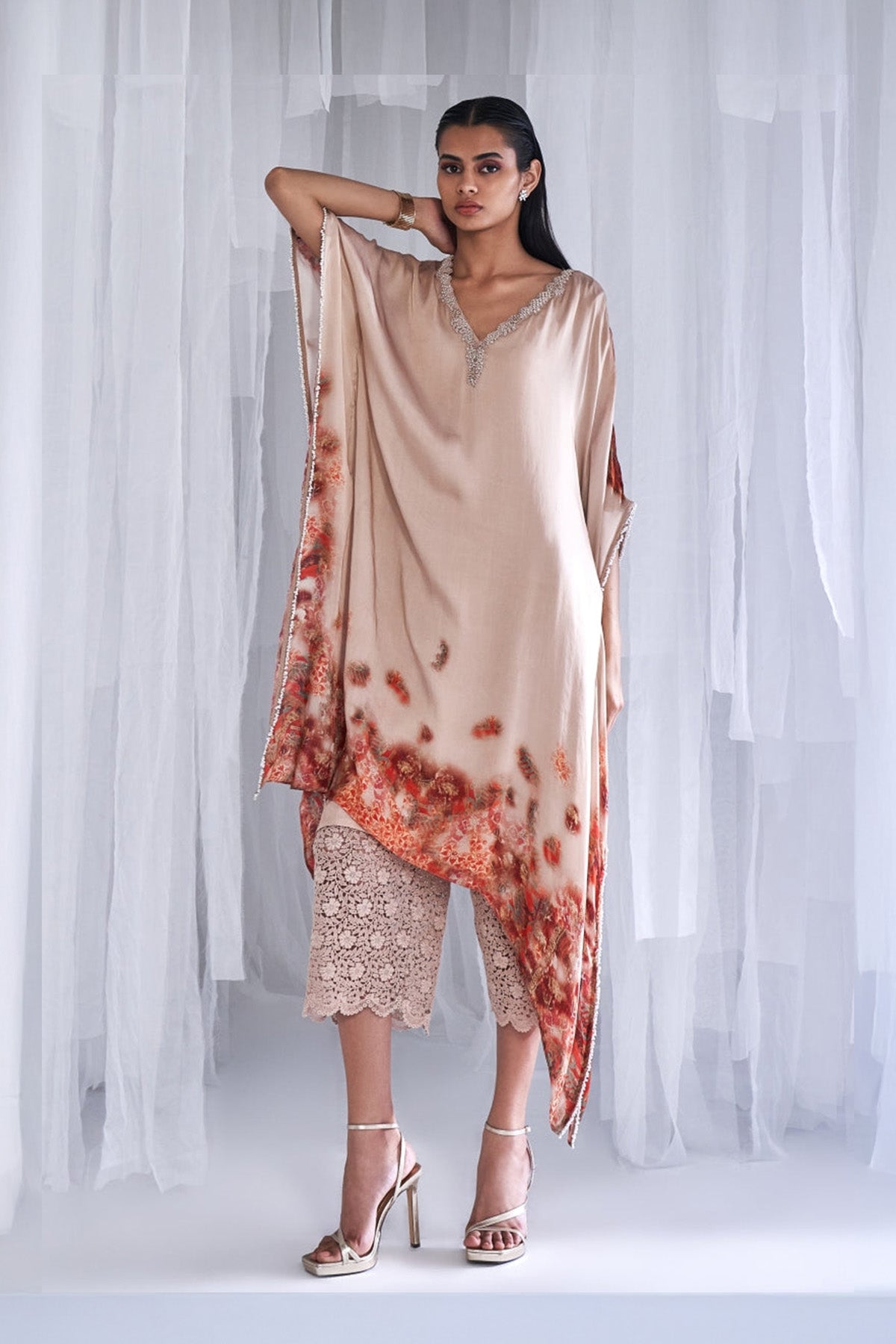 "Chloe" Printed Satin Kaftan And Chantilly Trousers