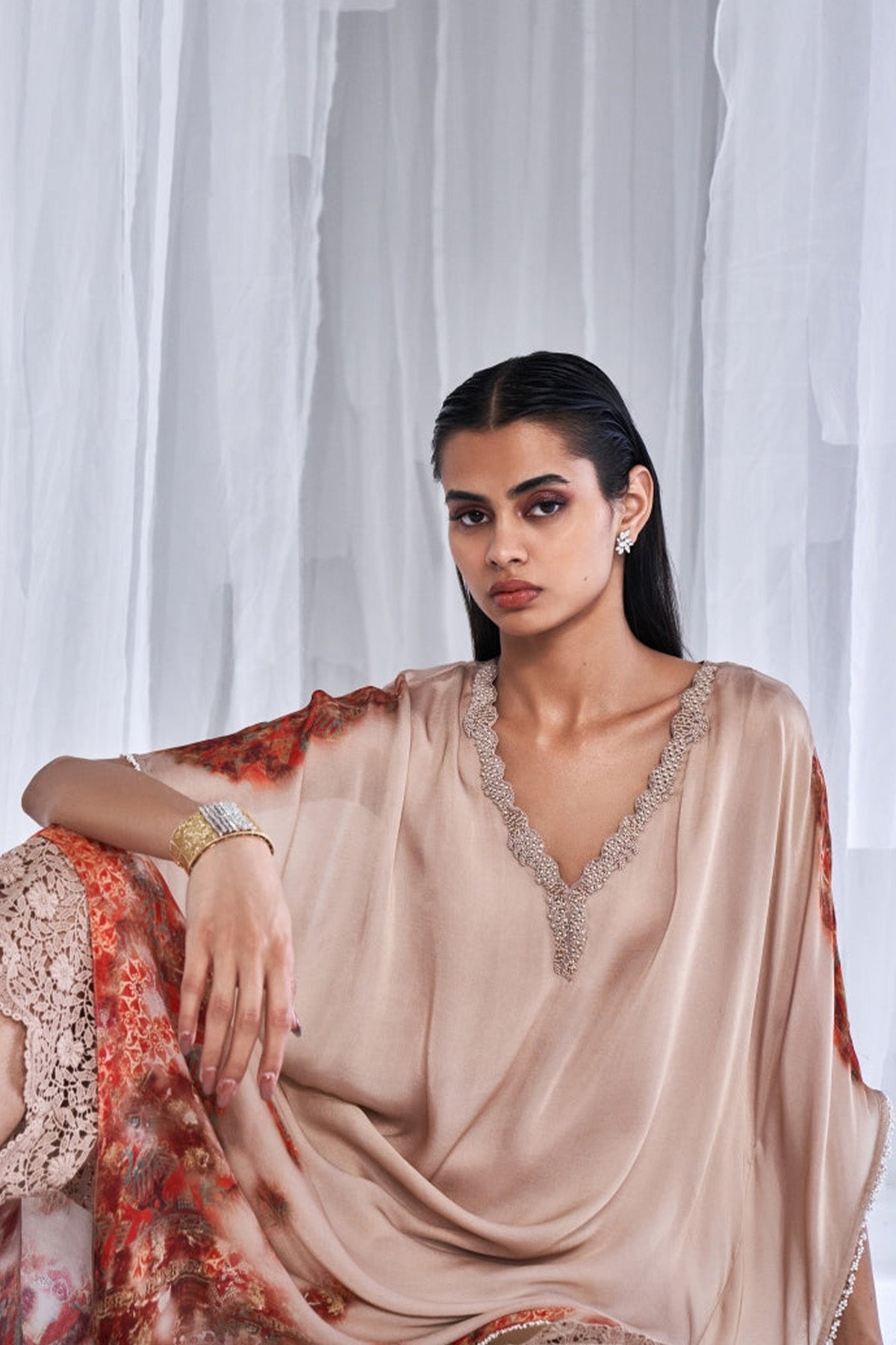 "Chloe" Printed Satin Kaftan And Chantilly Trousers