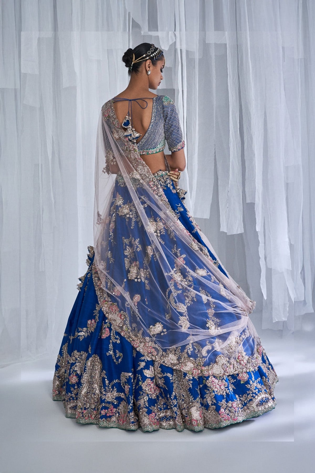 "Daffodil" Blue Raw Silk Bridal Lehenga Set