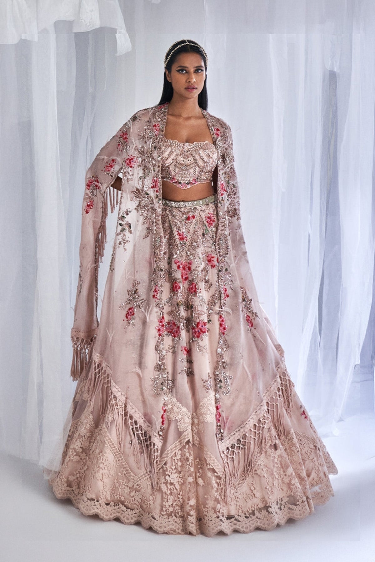 "Cedar Wood" Organza Lehenga Set With Cape