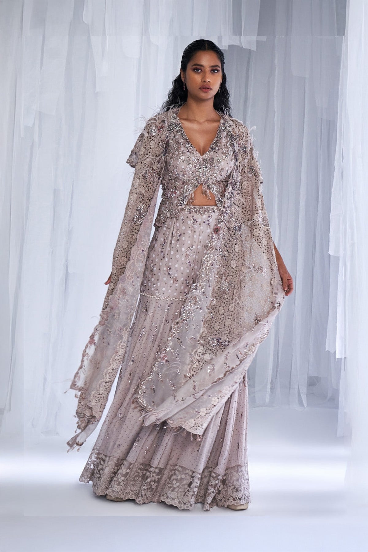 "Ice Foam" Chiffon Sharara With Cape And Waist Coat