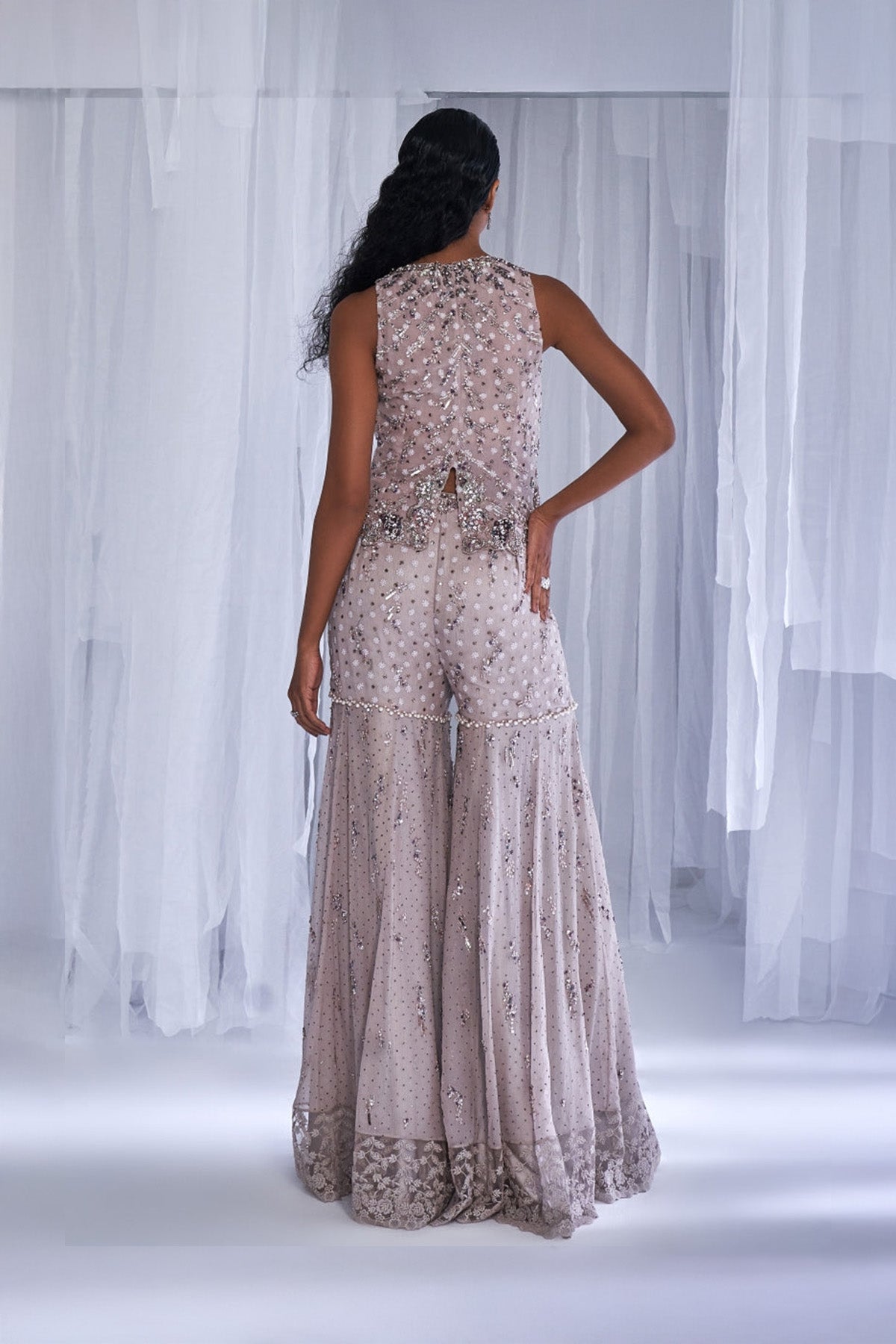 "Ice Foam" Chiffon Sharara With Cape And Waist Coat