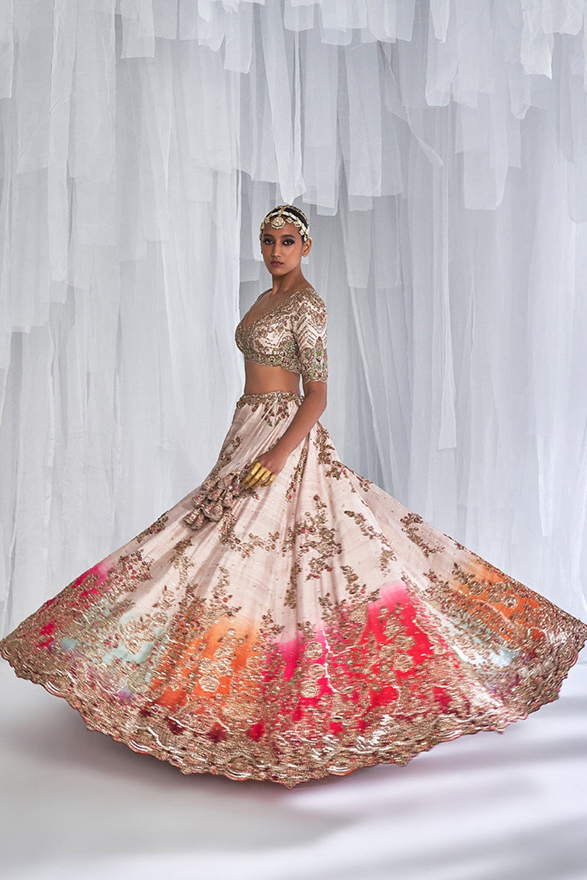 "Jasmine" Beige Ombre Raw Silk Bridal Lehenga Set