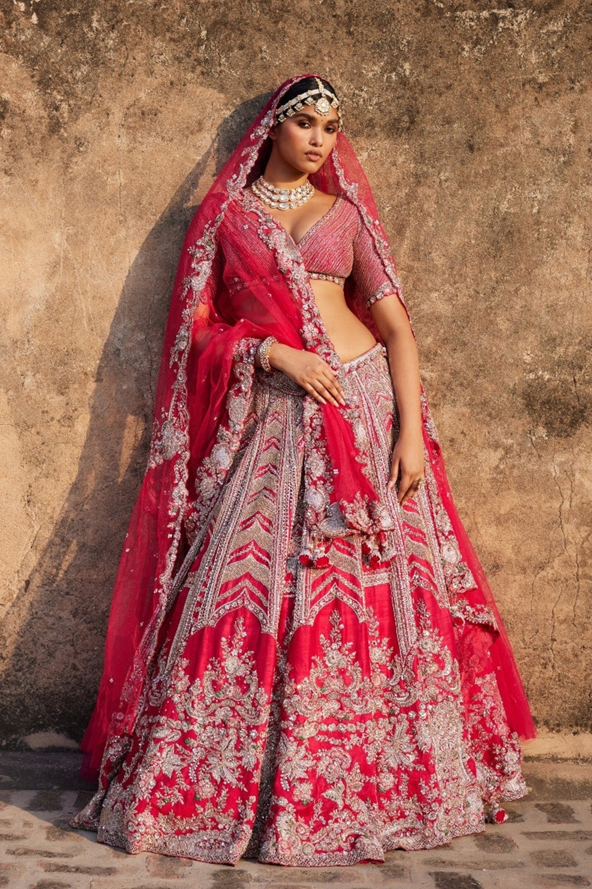 "Lysandra" Red Raw Silk Bridal Lehenga Set