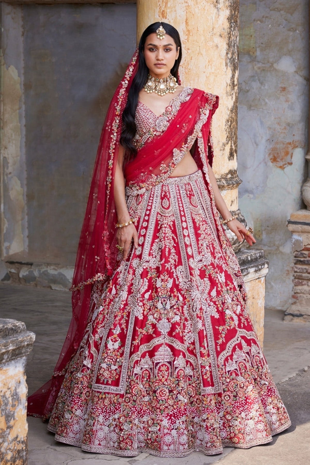 "Eleni" Maroon Raw Silk Bridal Lehenga