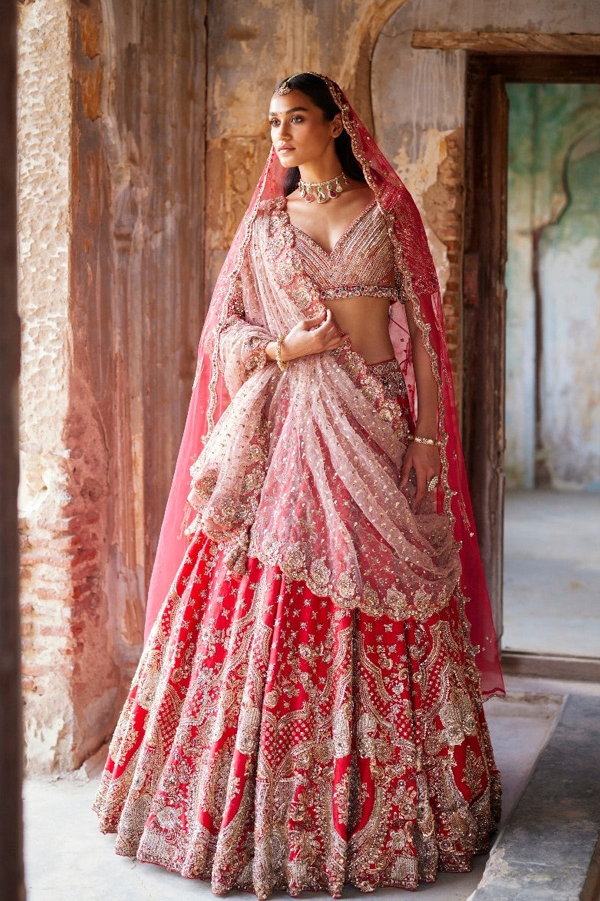 "Eris" Red Raw Silk Bridal Lehenga