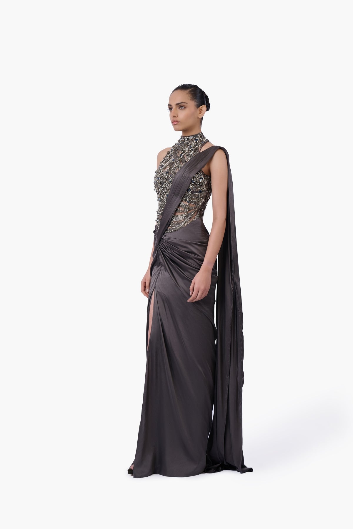 The High-Neck Embellished Saree Gown