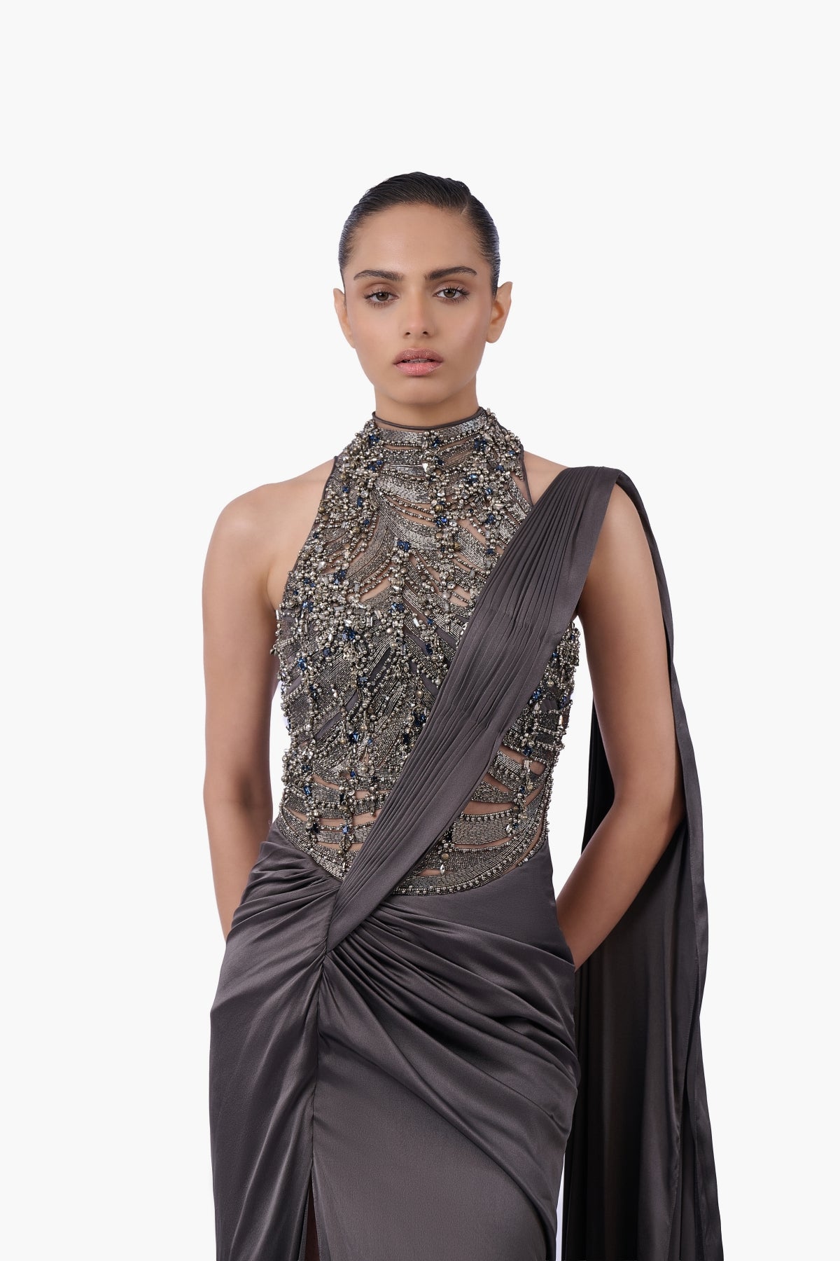 The High-Neck Embellished Saree Gown