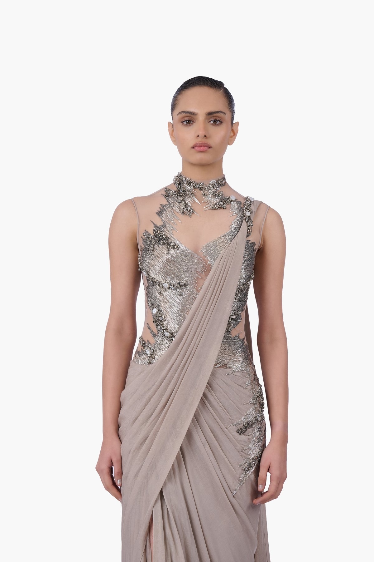 The Embellished Metallic Saree Gown