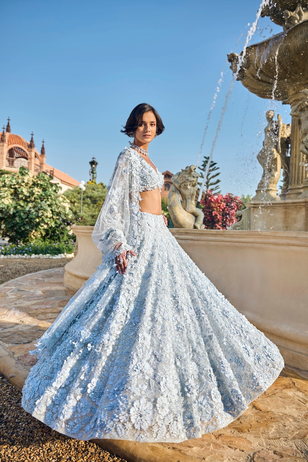 Powder Blue Three-Dimensional Lehenga Set